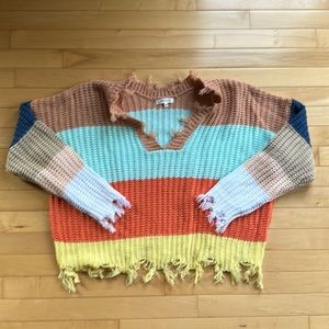 Miracle V-Neck Multi-Colored Sweater with Frayed Bottom and Sleeves Size S/M